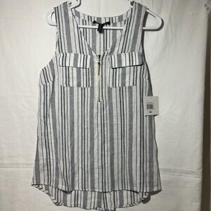 NWT Ellen Tracy Women's S Linen Blouse Blue Striped Sleeveless Beachy Tank Zip